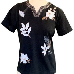 Alfred Dunner Embroidered Short Sleeve Tee Top Sz S‎ Black #16E